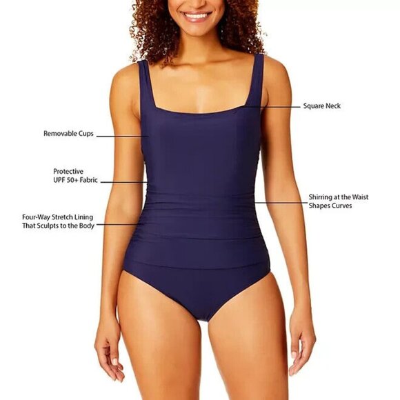 NWT Anne Cole Square Neck Shirred Sides One Piece Swimsuit Navy Blue Size SMALL - Picture 3 of 9